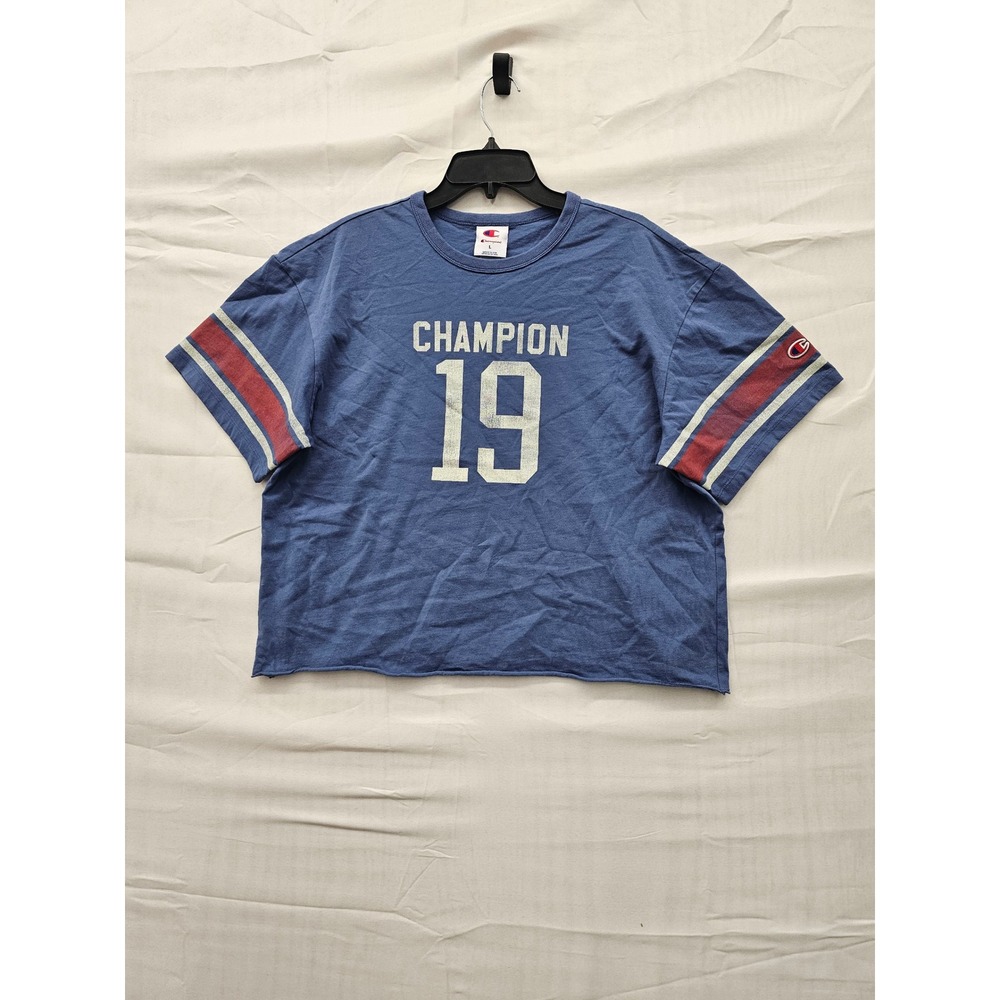 Champion Womens Blue Cropped Graphic T-Shirt Varsity 19 Stripes Large New